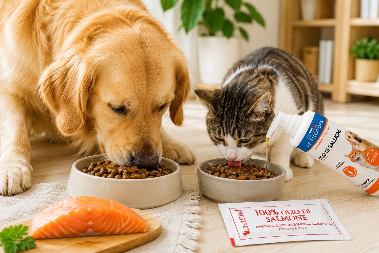 Olio di salmone per cani e gatti: benefici degli Omega-3, salute di pelle e pelo, articolazioni e come usarlo correttamente